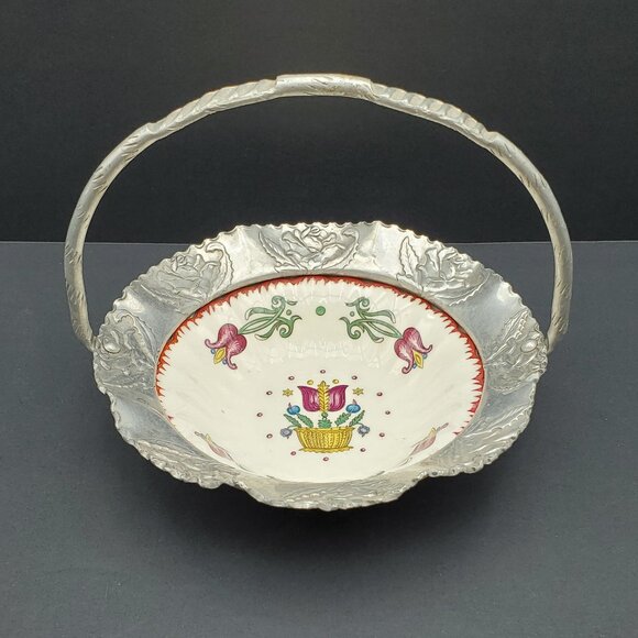 Farber & Shlevin Floral Bowl in Aluminum Basket Tulip Handled Candy Dish - Picture 1 of 6